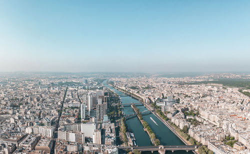 Aerial view of paris cityscape with seine river