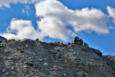 Low angle view of rock formation against sky