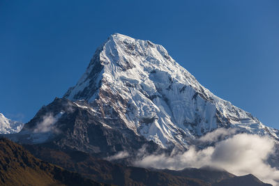 Scenic view of snowcapped mountains against clear blue sky