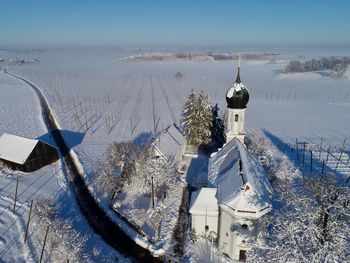 Panoramic shot of buildings against sky during winter