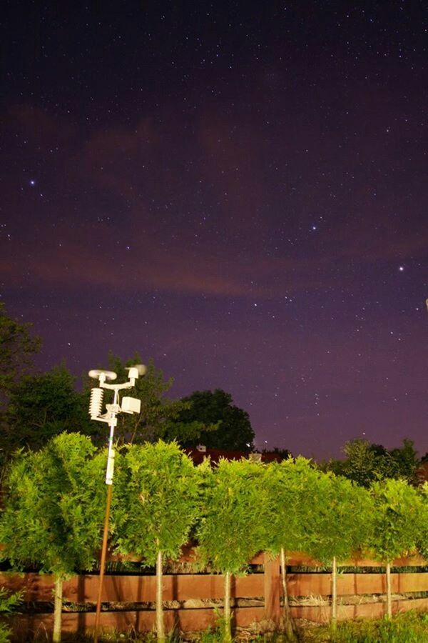 night, star - space, tree, sky, star field, tranquility, tranquil scene, scenics, nature, beauty in nature, galaxy, star, communication, astronomy, landscape, green color, illuminated, no people, low angle view, road sign