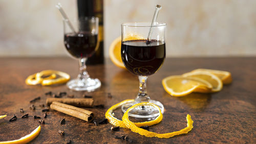 Wine glasses on table