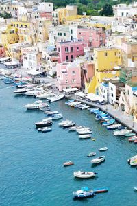 Aerial view of boats moored at harbor