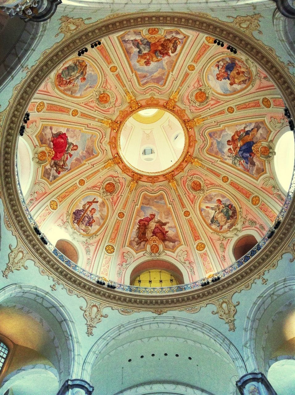 indoors, architecture, ceiling, ornate, place of worship, low angle view, design, built structure, religion, arch, architectural feature, pattern, spirituality, famous place, art and craft, art, travel destinations, church, dome