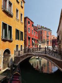 Arch bridge over canal amidst buildings against sky