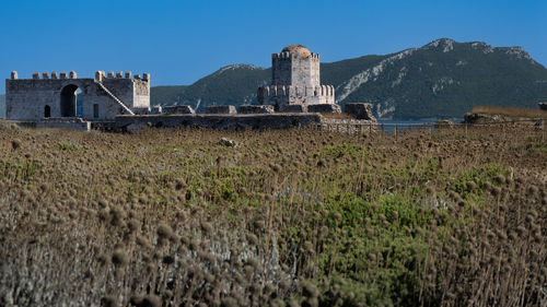 Bourtzi of methoni castle, view of old ruins against clear sky