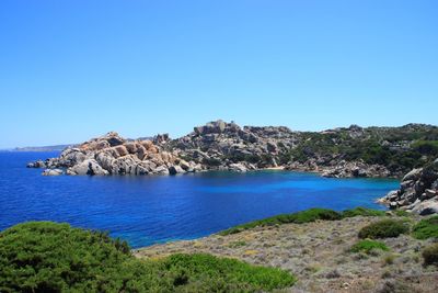 Scenic view of bay against clear blue sky
