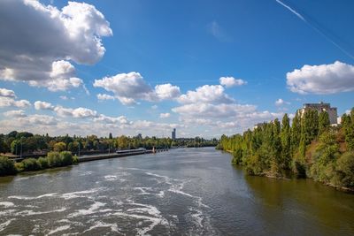 Scenic view of river amidst trees against sky