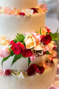 High angle view of rose bouquet on cake