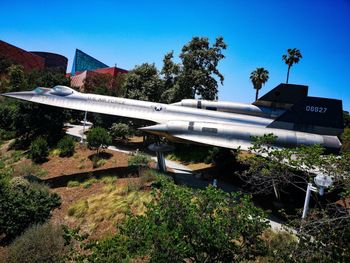 View of trees and houses against blue sky