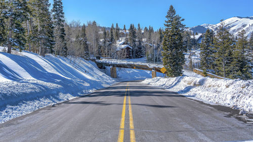 Snow covered road by trees against sky