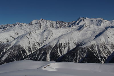 Scenic view of snow covered mountain against cloudy sky