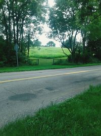 Empty road amidst trees on field