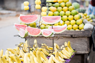 Fresh fruit on shelves at the street market.