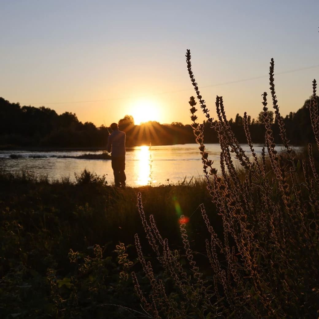 sky, sunset, beauty in nature, plant, water, sunlight, tranquility, nature, lake, real people, tranquil scene, scenics - nature, silhouette, sun, non-urban scene, lens flare, men, standing, land, outdoors, positive emotion