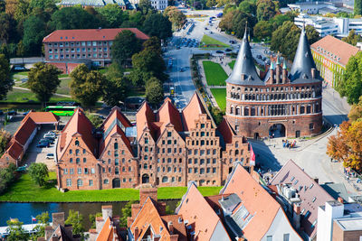 High angle view of buildings in town