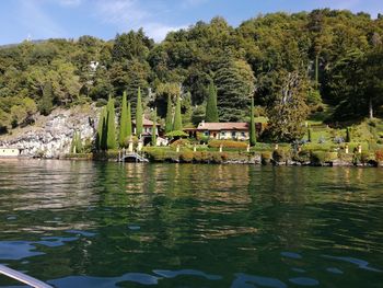 Scenic view of lake by trees against sky