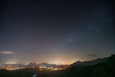 Scenic view of illuminated mountains against sky at night