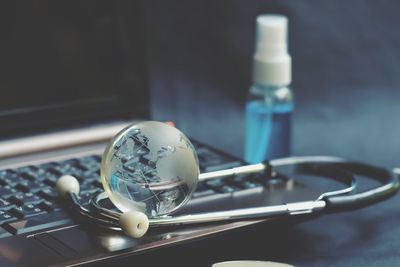 High angle view of crystal ball on table