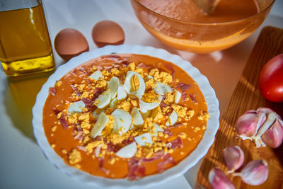 High angle view of breakfast served on table