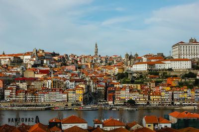 High angle view of river amidst buildings against sky