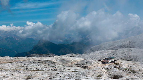 Scenic view of mountains against cloudy sky
