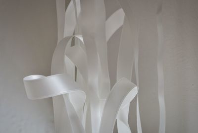 Close-up of tangled white ribbon against wall