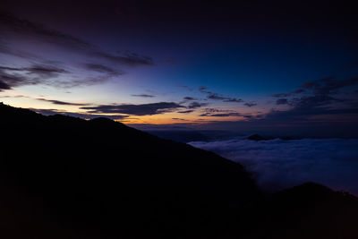 Scenic view of silhouette mountains against sky at sunset