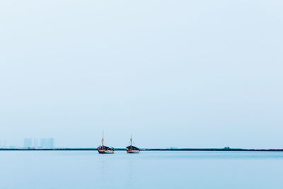 Sailboat sailing on sea against clear sky