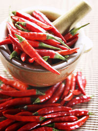 Close-up of red chili peppers on table