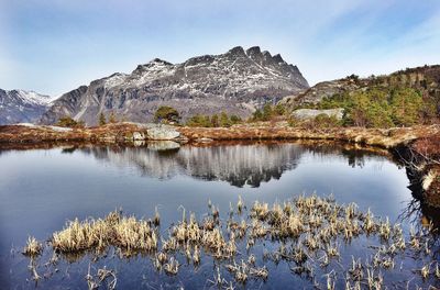 Scenic view of lake and mountains against sky