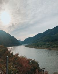 Scenic view of lake and mountains against sky