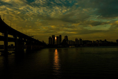 Bridge over river by buildings against sky during sunset