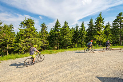 Man riding bicycle against trees