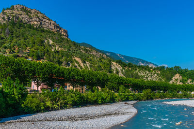 Scenic view of swimming pool against clear blue sky