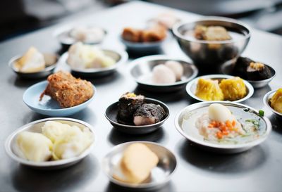 High angle view of food served on table