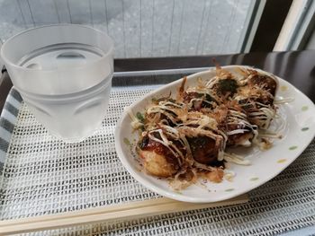 High angle view of food served on table