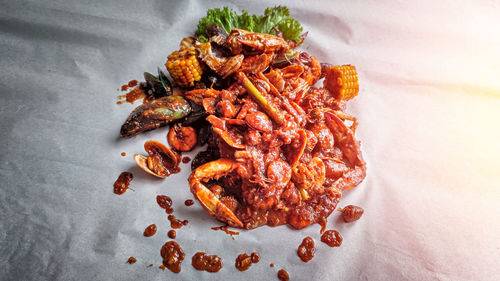 High angle view of food served in plate