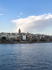 Buildings at waterfront against cloudy sky