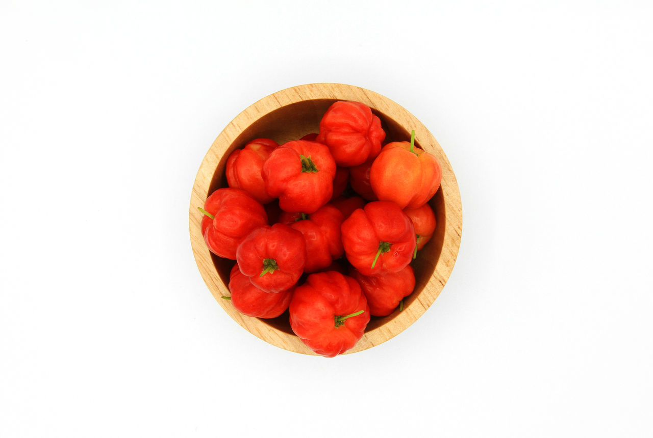 food and drink, food, healthy eating, produce, fruit, wellbeing, freshness, plant, red, vegetable, bowl, cut out, studio shot, indoors, white background, directly above, no people, tomato, high angle view, still life, orange, container, flower, strawberry