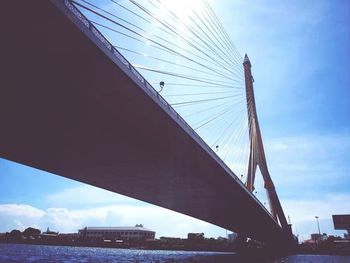 Low angle view of suspension bridge over river