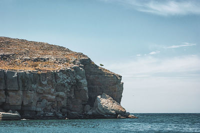 Rock formations by sea against sky