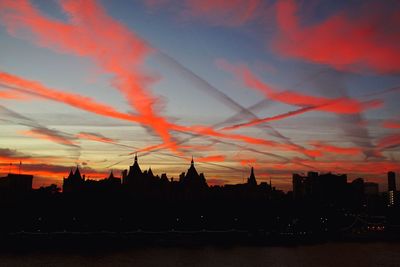 River by silhouette city against sky during sunset