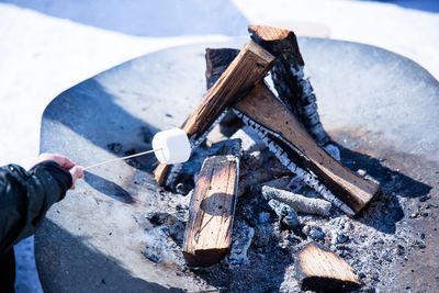 Cropped hand of person roasting marshmallow