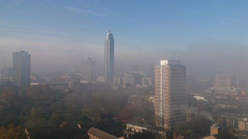 Elevated view of cityscape in smog