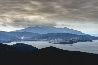 Scenic view of sea and mountains against sky