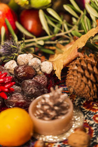 Close-up of fruits in plate on table