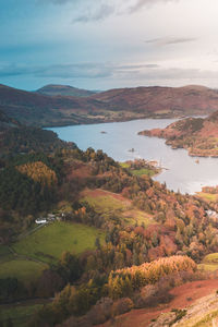 Scenic view of landscape and lake against sky