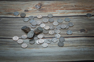 High angle view of coins on table