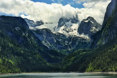 Scenic view of mountains and lake against sky